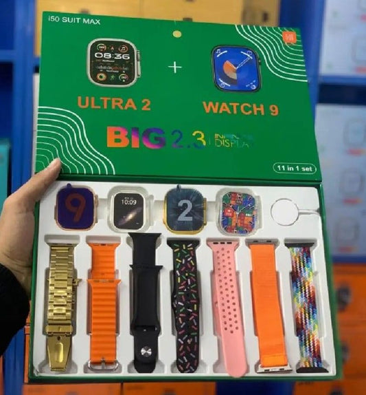 i50 Suit Max 11 in 1 set 2 smart watch Ultra 2 & watch 9 with 7 Different straps and 2 Watch Cover Bluetooth and Touch smart watch
