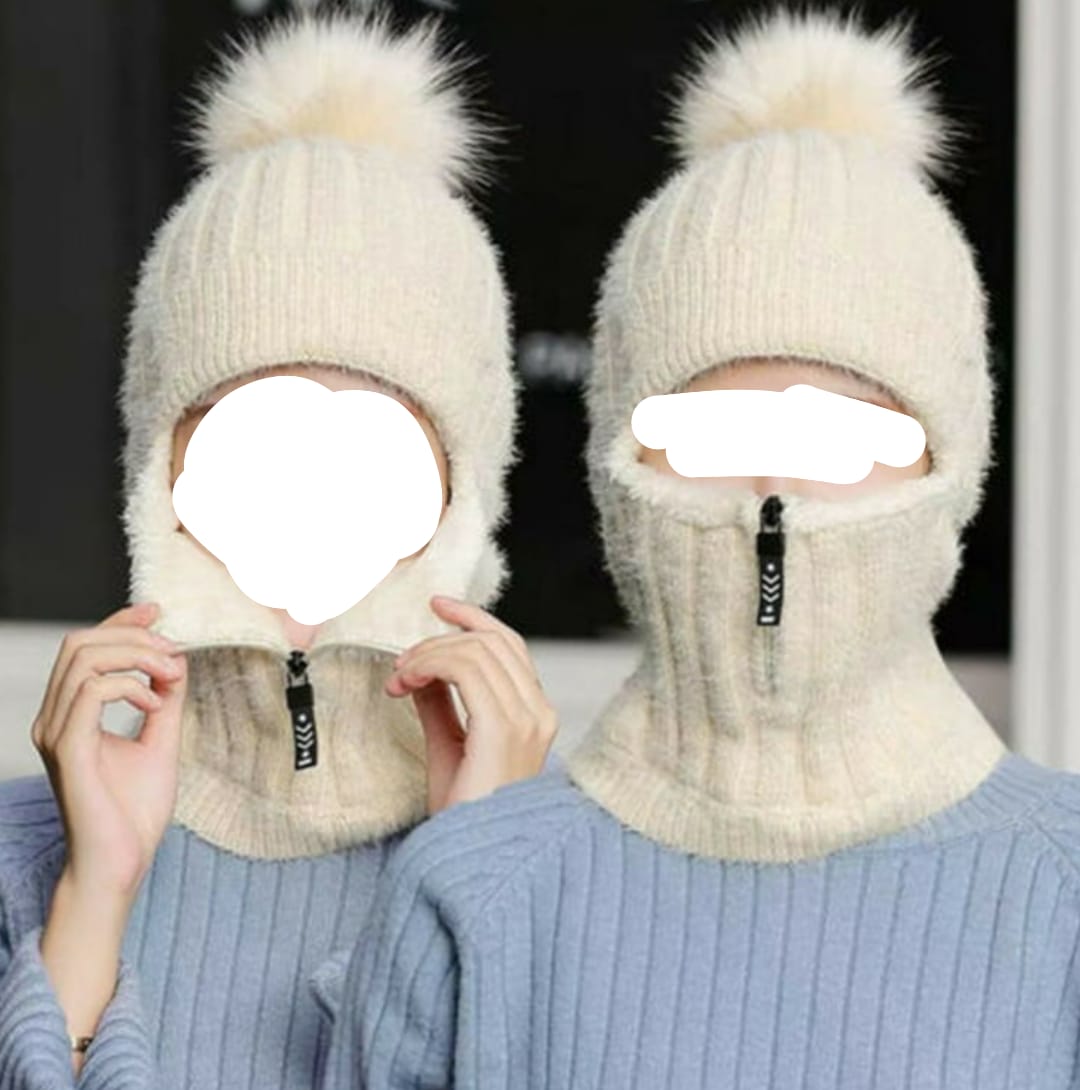 Winter women's thick knited high quality cap and neck warmer one piece fashion for ladies with adjustable zipper