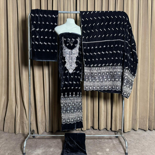 Embroidery (کڑھائی) Design 103 Velvet Unstitch Suit in Elegant Design & Colors (Shalwar, Front Kameez, Back Kameez & Dubatta)
