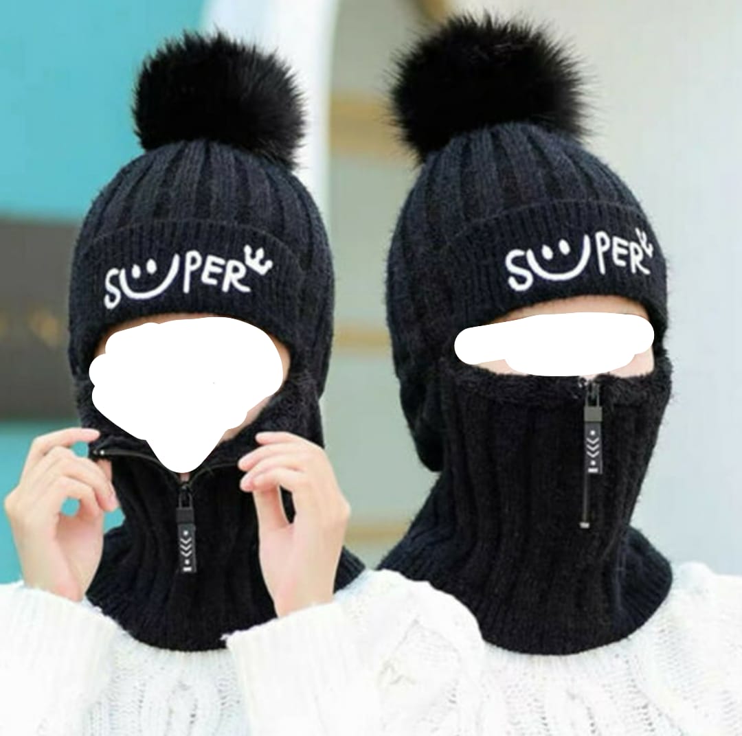 Winter women's thick knited high quality cap and neck warmer one piece fashion for ladies with adjustable zipper