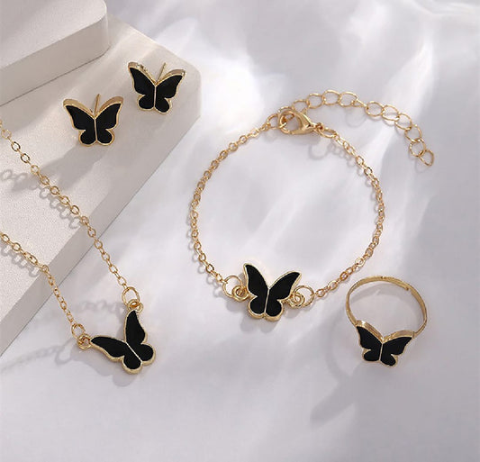 1Set Fashion Exquisite Simple Versatile Butterfly Necklace Bracelet Earrings Ring For Girls Jewelry Set