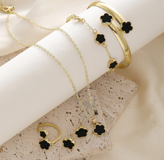 Set of 5 Pieces Fashion Alloy Jewelry Set Plum Blossom Five Leaf Flower Earing Girls Bracelet Laser Metal Necklace