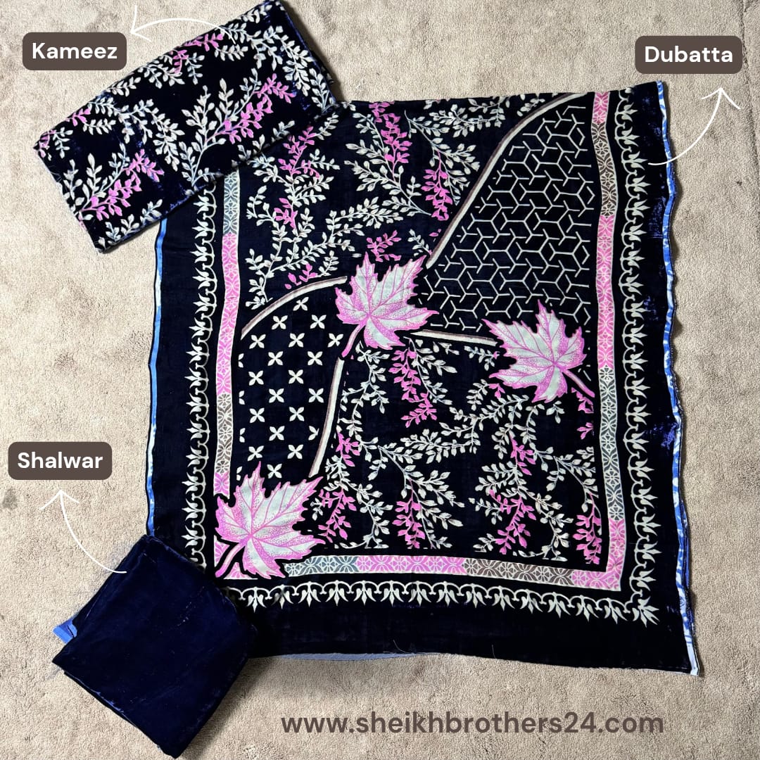 Palachi (پلچھی) Velvet Unstitch Suit in Elegant Design & Colors (Shalwar, Kameez & Dubatta)