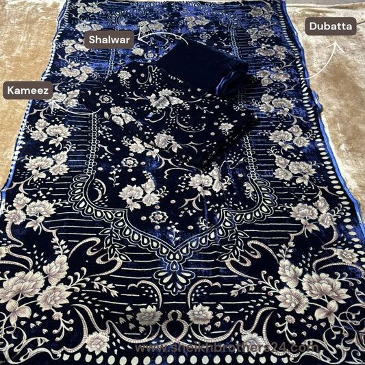 Palachi (پلچھی) Design 102 Velvet Unstitch Suit in Elegant Design & Colors (Shalwar, Kameez & Dubatta)