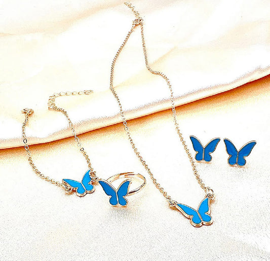 1Set Fashion Exquisite Simple Versatile Butterfly Necklace Bracelet Earrings Ring For Girls Jewelry Set