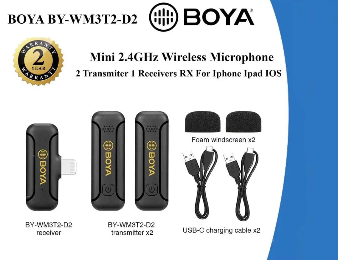 Dual Channel Wireless Microphone System with USB Type-C & iPhone Connector for Mobile Devices