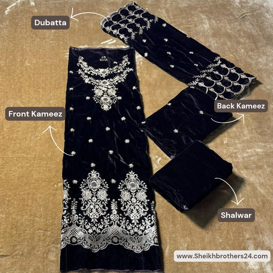 Embroidery (کڑھائی) Design 101 Velvet Unstitch Suit in Elegant Design & Colors (Shalwar, Front Kameez, Back Kameez & Dubatta)