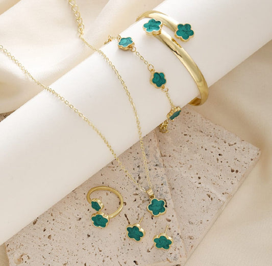 Set of 5 Pieces Fashion Alloy Jewelry Set Plum Blossom Five Leaf Flower Earing Girls Bracelet Laser Metal Necklace