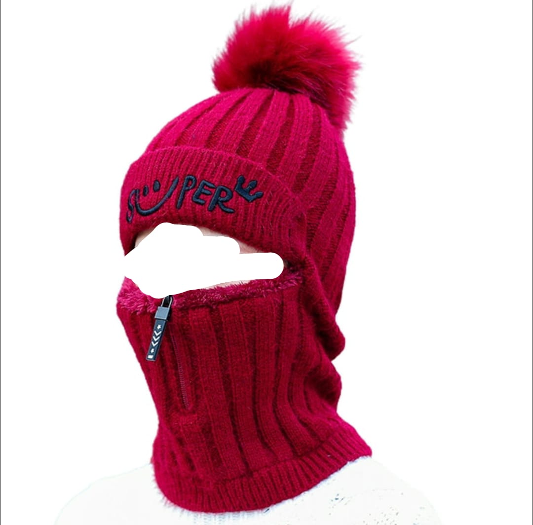 Winter women's thick knited high quality cap and neck warmer one piece fashion for ladies with adjustable zipper