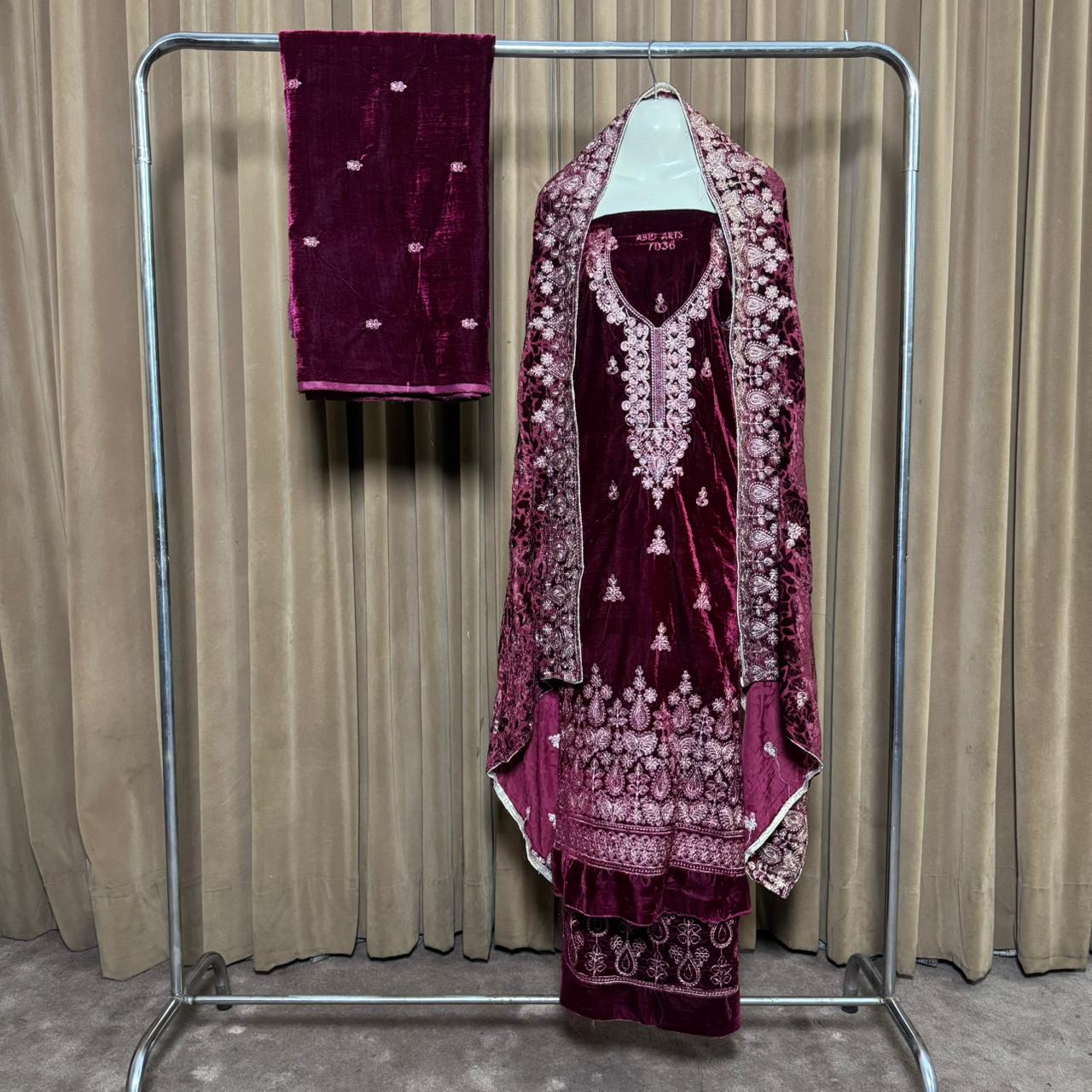 Embroidery (کڑھائی) Design 102 Velvet Unstitch Suit in Elegant Design & Colors (Shalwar, Front Kameez, Back Kameez & Palachi Dubatta)