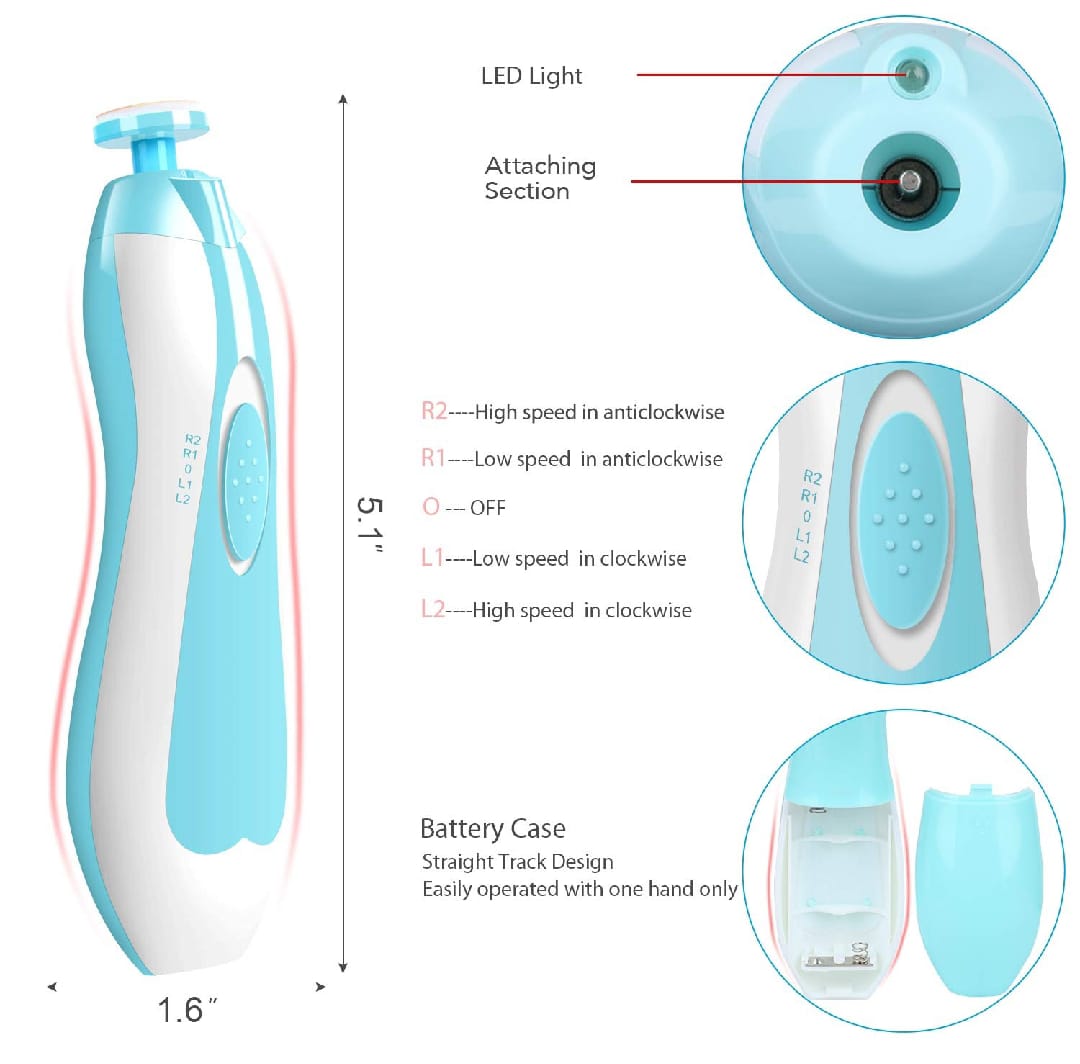 Baby Nail Trimmer with 6 Grinding Heads and LED Light for Babies and Newborns