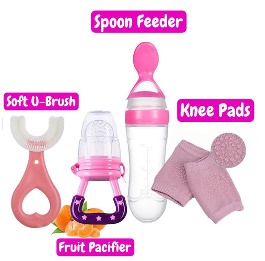 Pack of 4 Baby Silicone Spoon Feeder - Fruit Pacifier - Knee Pads - U Shape Brush