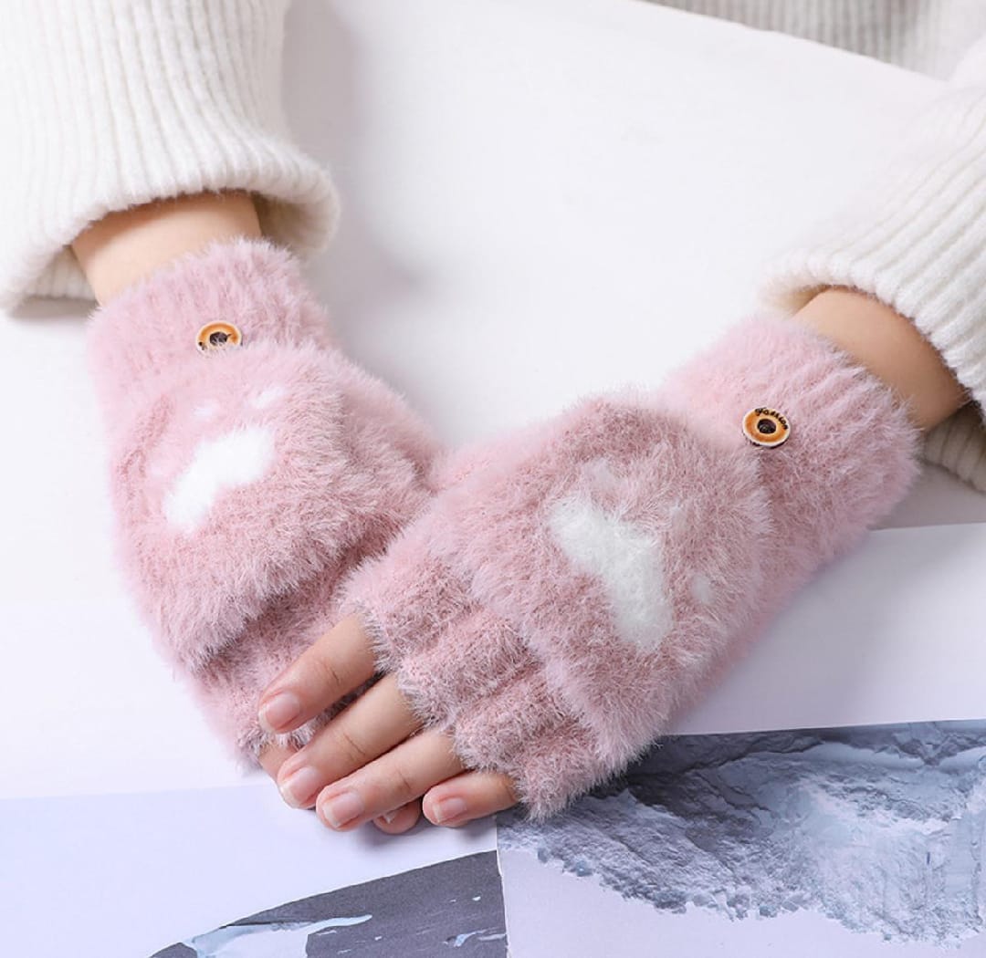 1 Pair Women Lovely Cute Wool Knitted Fluffy Paw Print Plush Fingerless Flip Cover Gloves