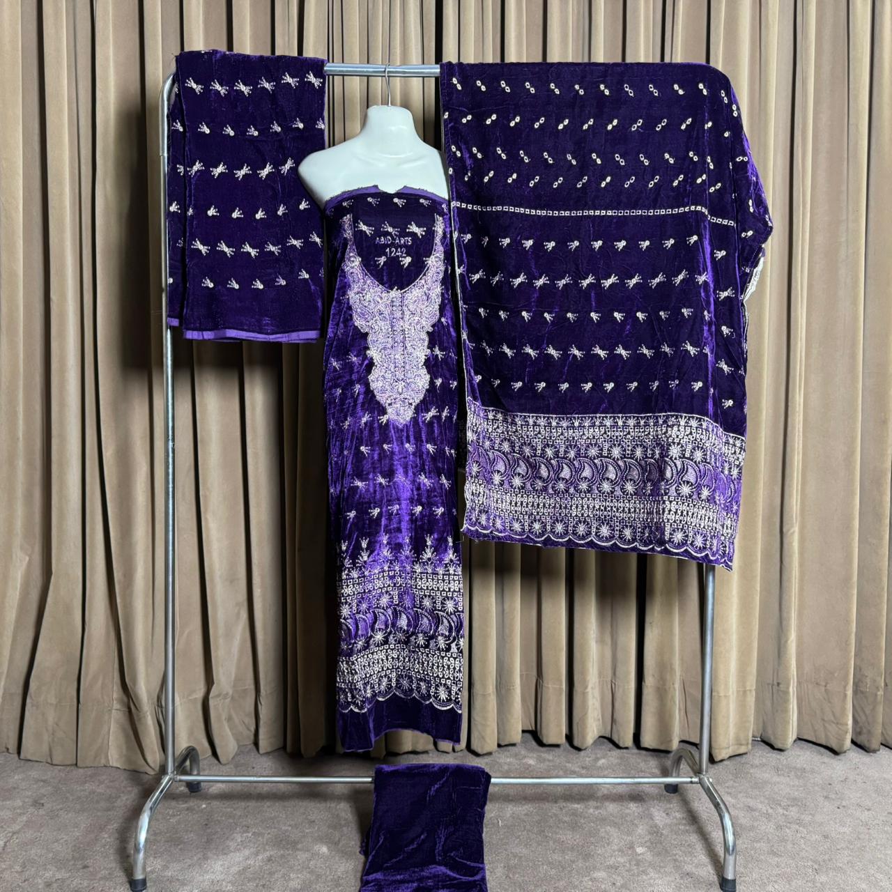 Embroidery (کڑھائی) Design 103 Velvet Unstitch Suit in Elegant Design & Colors (Shalwar, Front Kameez, Back Kameez & Dubatta)