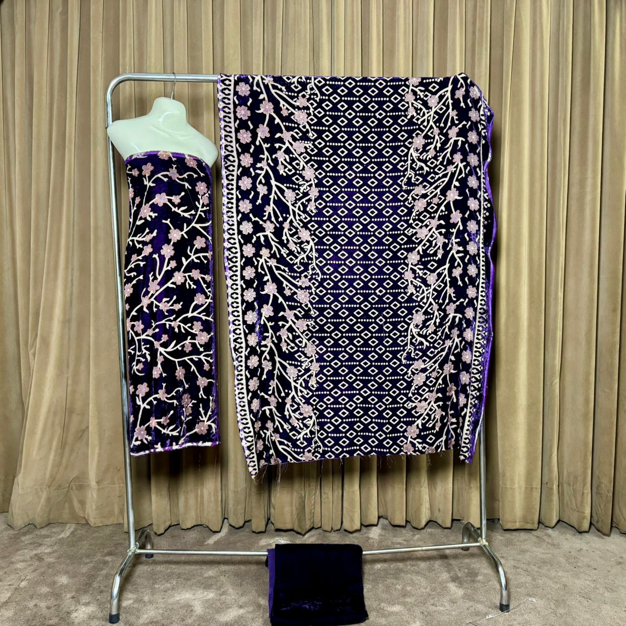 Palachi (پلچھی) Design 106 Velvet Unstitch Suit in Elegant Design & Colors (Shalwar, Kameez & Dubatta)