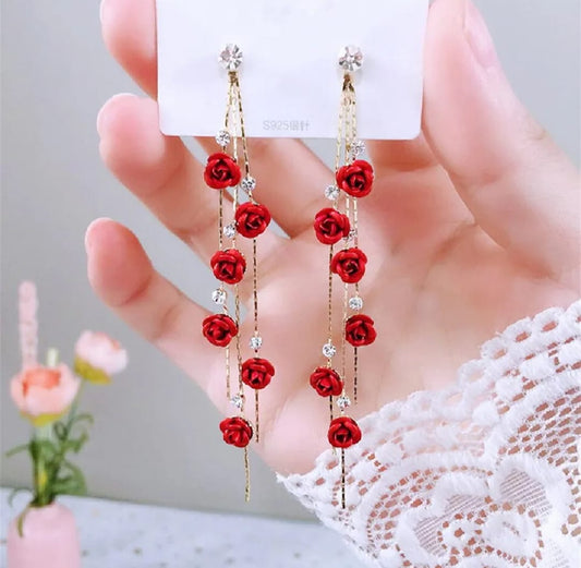 New Fashion Red Rose Flower Dangle Earrings Delicate Rose Flowers Earrings For Women Weddings Engagement Party Jewelry