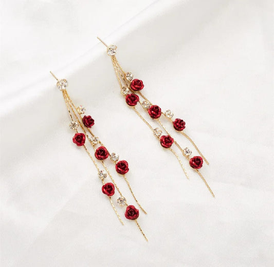 New Fashion Red Rose Flower Dangle Earrings Delicate Rose Flowers Earrings For Women Weddings Engagement Party Jewelry