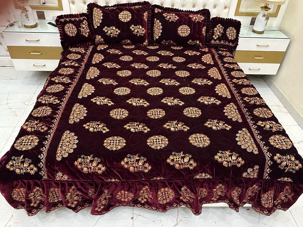 Design 108 - Fancy Bridal Velvet Bed Sheet Set Beautifull Design - Full Bed Sheet Set - Cushions Set - Pillow Set