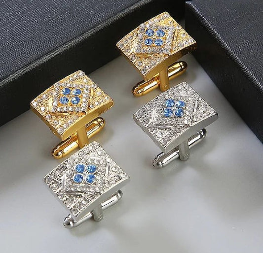 Cufflinks Golden & Silver With White and Blue Stone Premium Quality