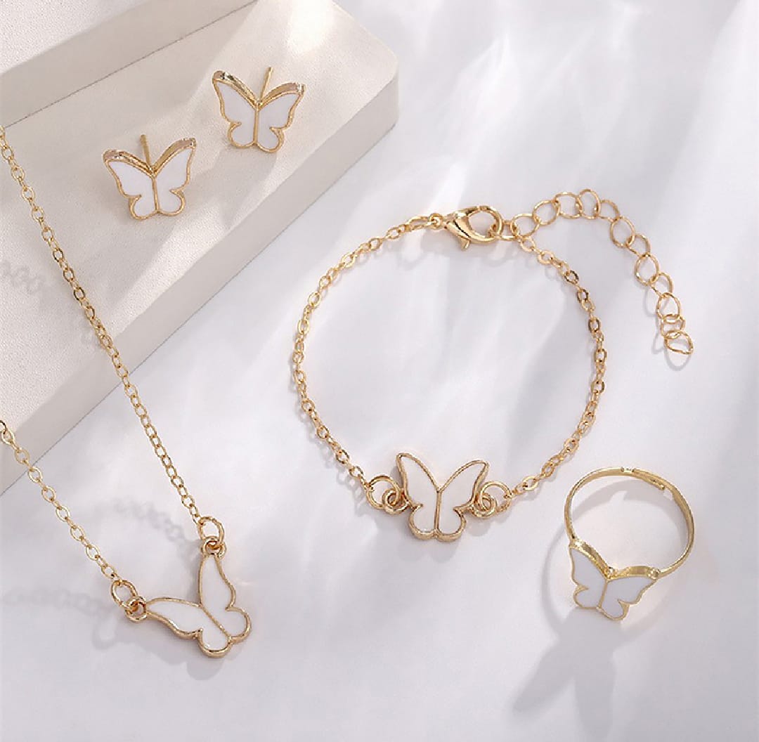 1Set Fashion Exquisite Simple Versatile Butterfly Necklace Bracelet Earrings Ring For Girls Jewelry Set
