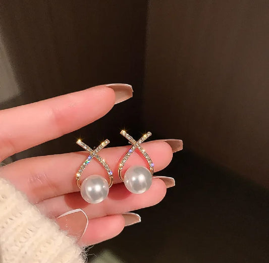 Elegant Simulated Pearl Earrings For Women Inlaid Rhinestone Stud Earrings Letter X Ear Stud