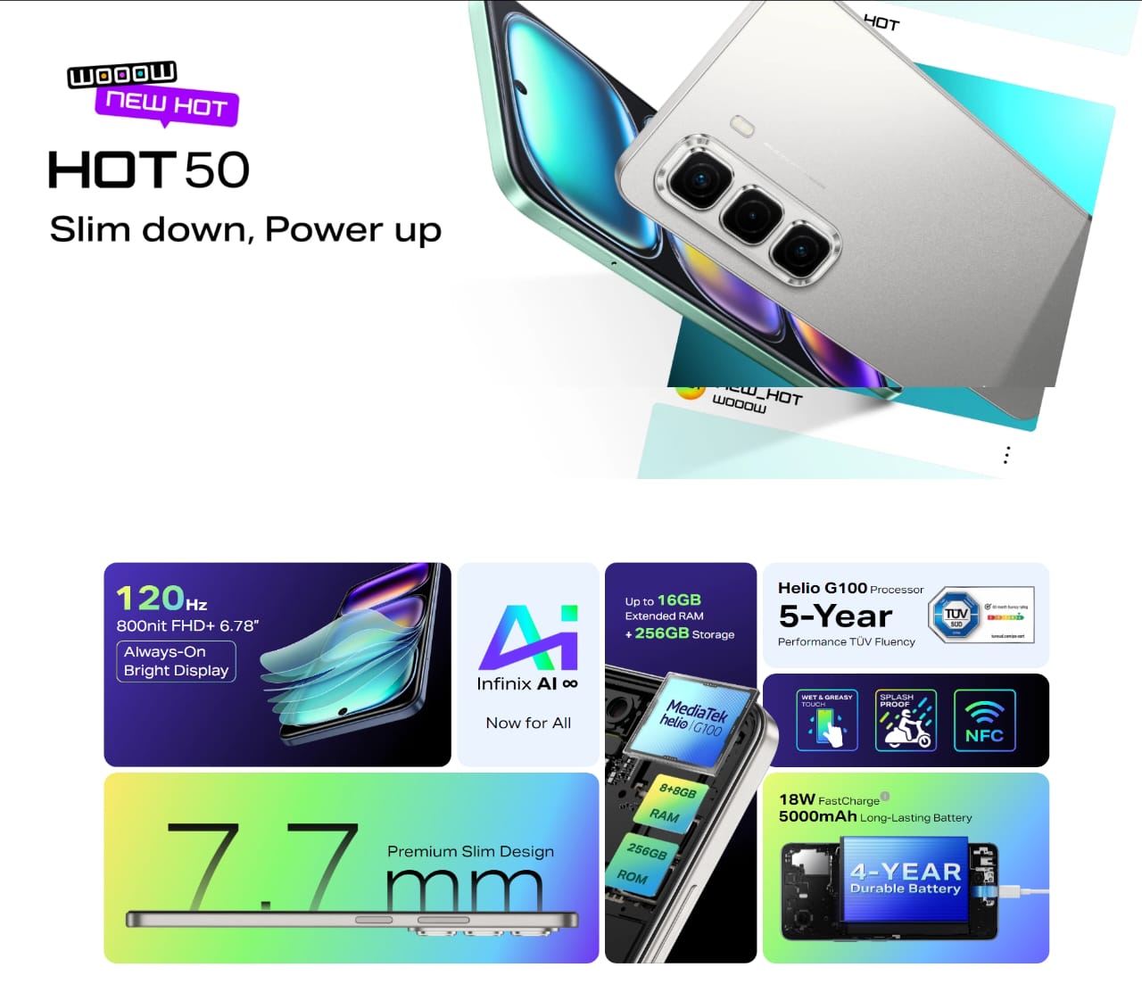 Infinix Hot 50 8 + 8/128, 6.78" FHD+ 120Hz Display, 50MP Camera, 5000mAh Battery with 18W Fast Charge, MediaTek Helio G100, XOS 14.5 Android 14