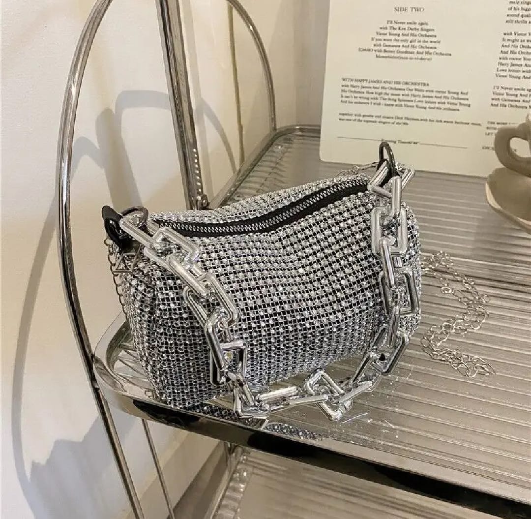 Allover Rhinestone Bucket Bag, Glitter Chain Prom Purse, Women's Mini Crossbody Bag (6.3*3.54) Inch