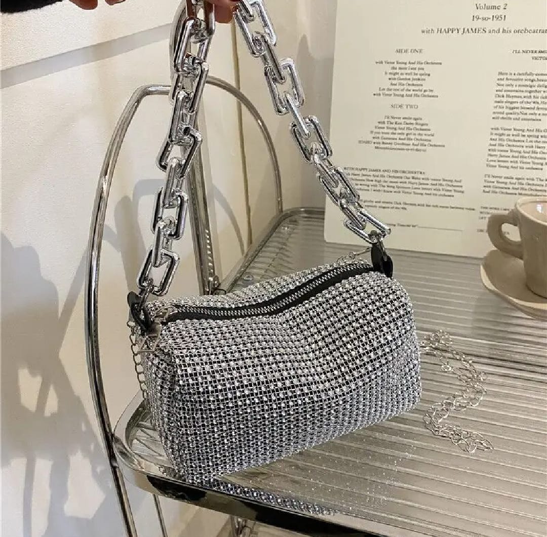 Allover Rhinestone Bucket Bag, Glitter Chain Prom Purse, Women's Mini Crossbody Bag (6.3*3.54) Inch
