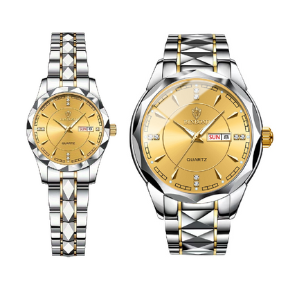 Couple Fashion Watch Double Calendar Watch Diamond Inlaid 30M Waterproof Watch Luminous Quartz Watch Steel Band Watch Luminous Pointer Wrist Watches