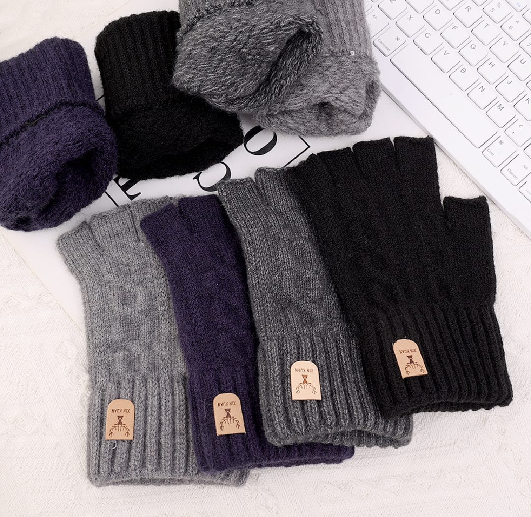 Knitted Half Finger Winter Touchscreen Thicken Warm Wool Cashmere Gloves Men Mitten