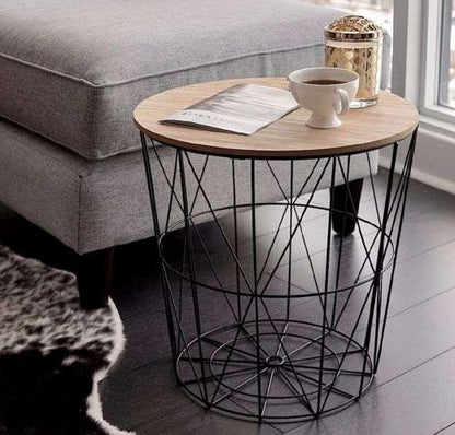 Metal Wire Removalable Wood Top Table Storage Basket