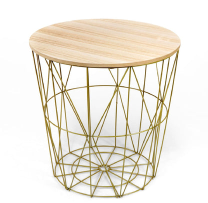 Metal Wire Removalable Wood Top Table Storage Basket