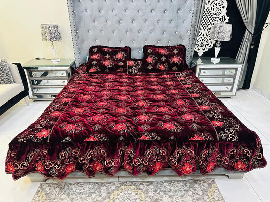 Design 102 - Fancy Bridal Velvet Bed Sheet Set Beautifull Design - Full Bed Sheet Set - Cushions Set - Pillow Set