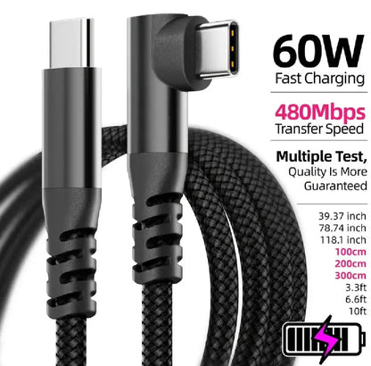 1PC Type C Cable 1M 2M 3M Type C Data Transfer 60W PD Super Fast Charging Cable