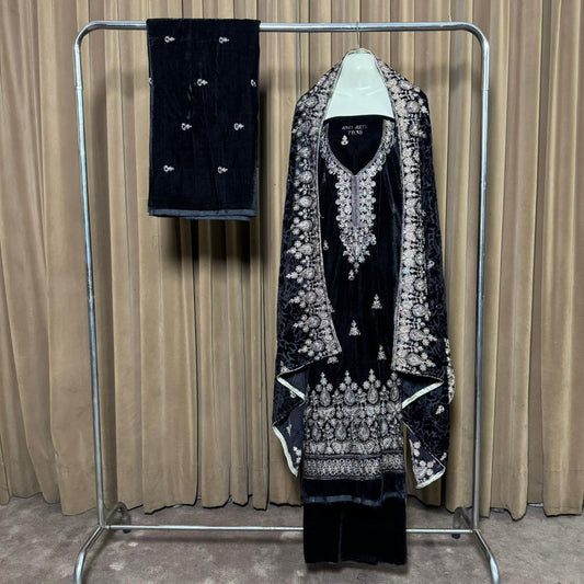 Embroidery (کڑھائی) Design 102 Velvet Unstitch Suit in Elegant Design & Colors (Shalwar, Front Kameez, Back Kameez & Palachi Dubatta)