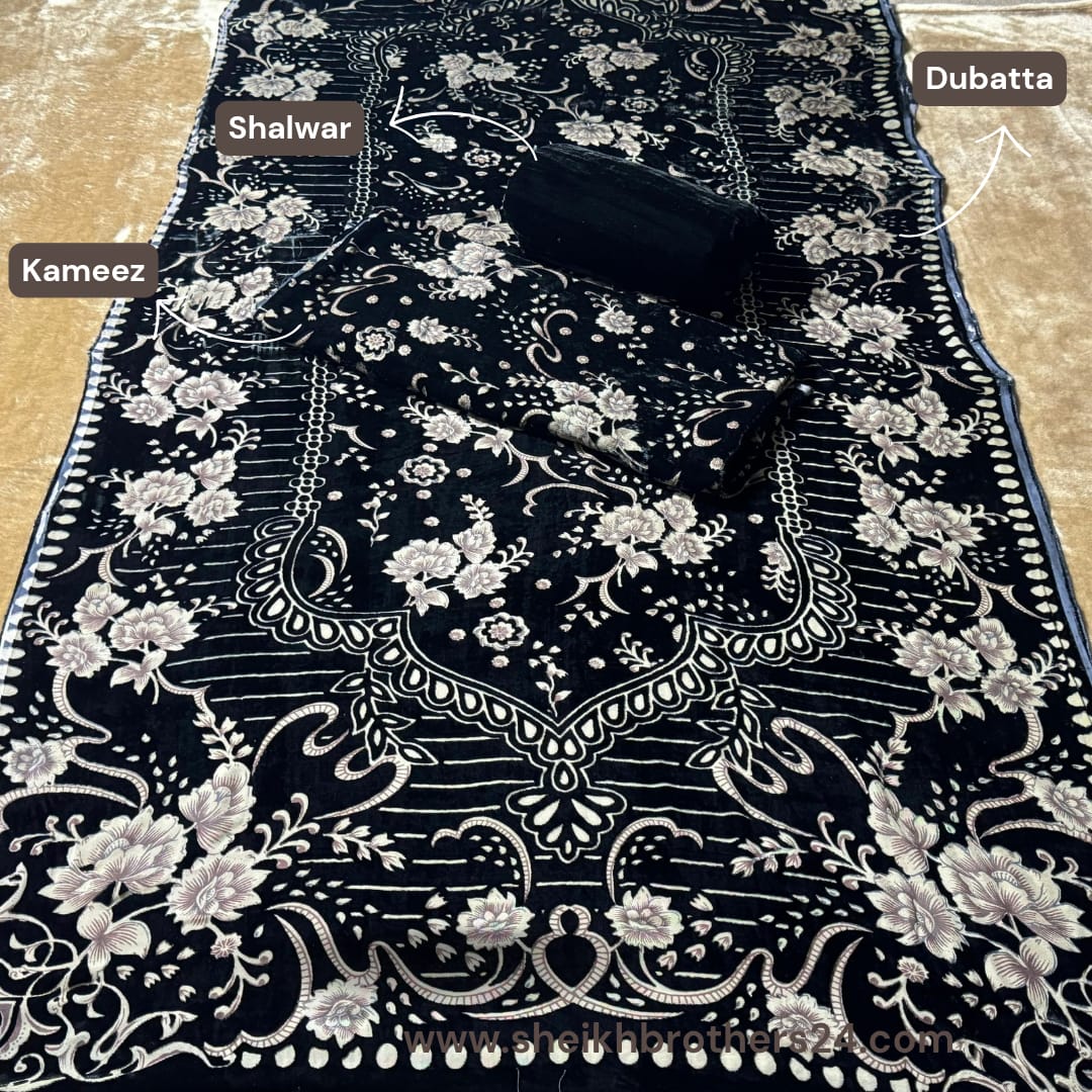 Palachi (پلچھی) Design 102 Velvet Unstitch Suit in Elegant Design & Colors (Shalwar, Kameez & Dubatta)