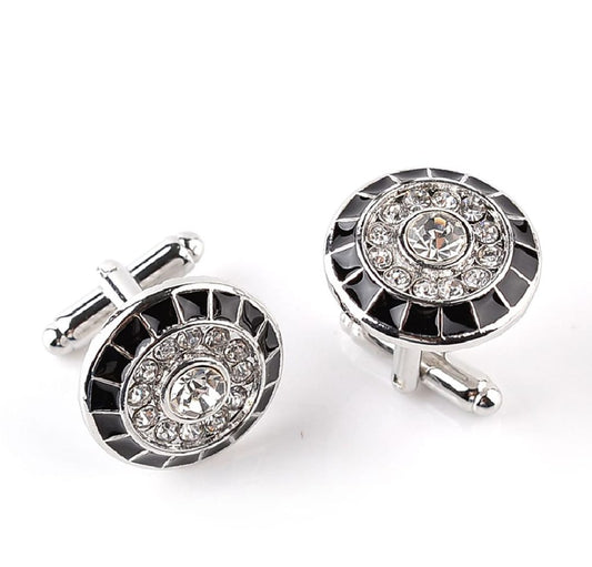 Black With Silver Stone & Nug Round Cufflinks