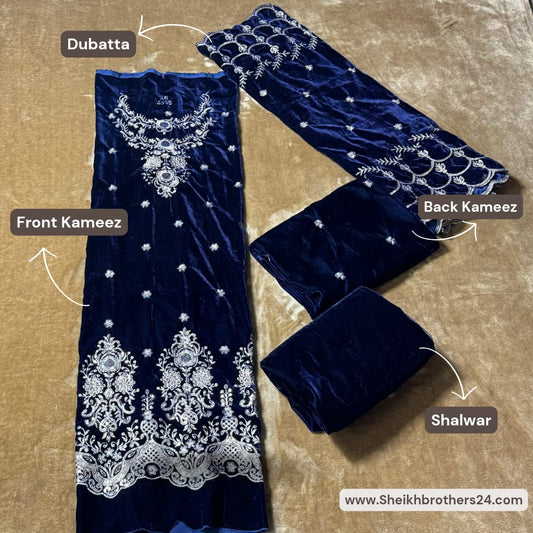 Embroidery (کڑھائی) Design 101 Velvet Unstitch Suit in Elegant Design & Colors (Shalwar, Front Kameez, Back Kameez & Dubatta)