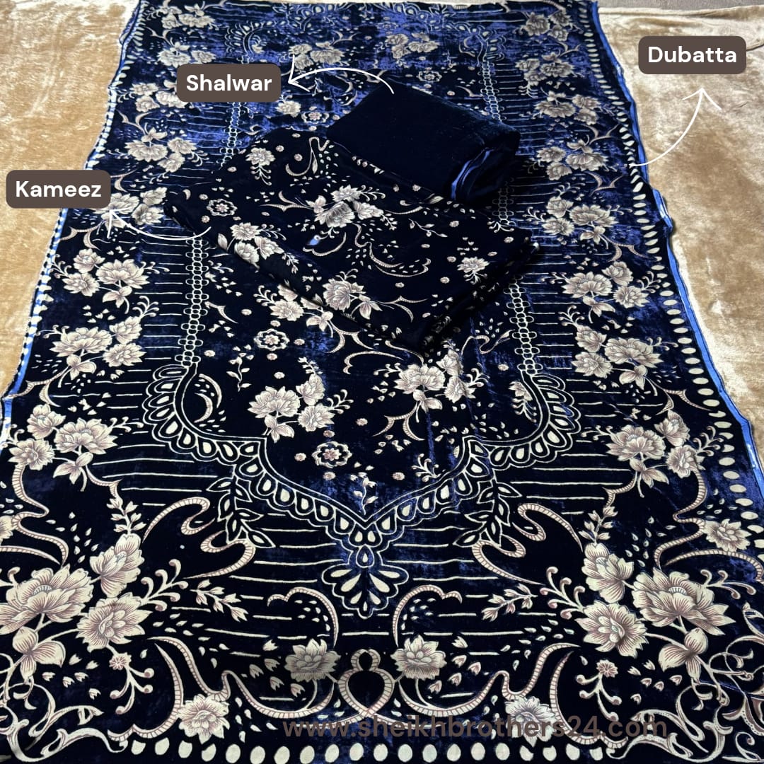 Palachi (پلچھی) Design 102 Velvet Unstitch Suit in Elegant Design & Colors (Shalwar, Kameez & Dubatta)