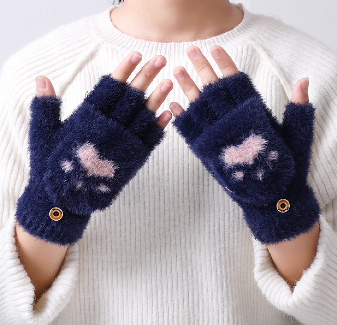 1 Pair Women Lovely Cute Wool Knitted Fluffy Paw Print Plush Fingerless Flip Cover Gloves