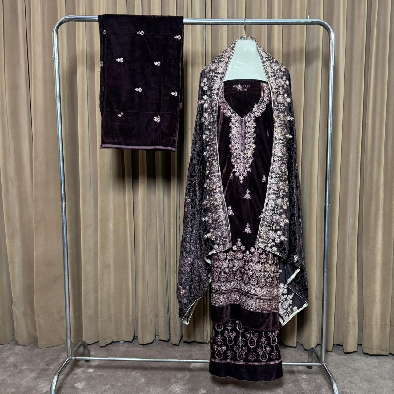 Embroidery (کڑھائی) Design 102 Velvet Unstitch Suit in Elegant Design & Colors (Shalwar, Front Kameez, Back Kameez & Palachi Dubatta)