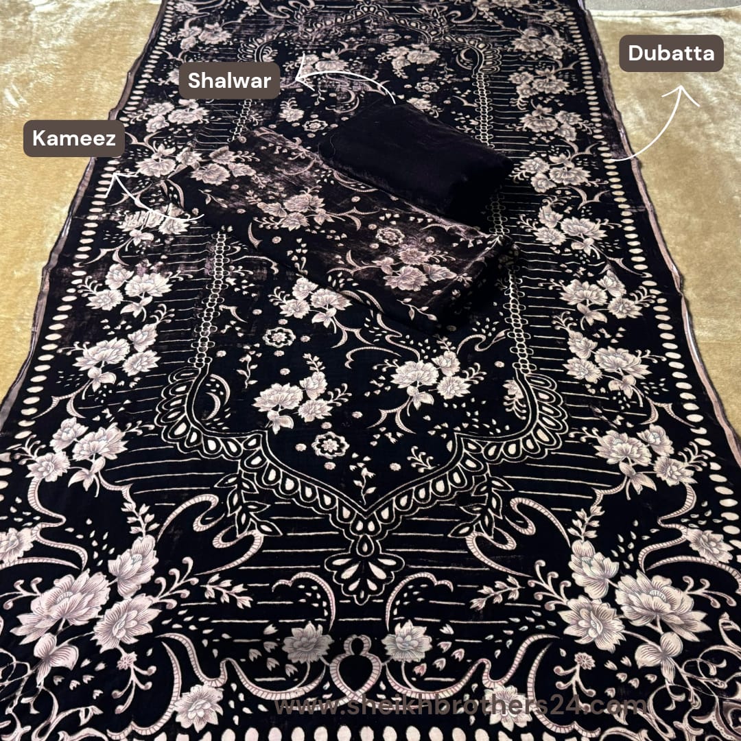 Palachi (پلچھی) Design 102 Velvet Unstitch Suit in Elegant Design & Colors (Shalwar, Kameez & Dubatta)