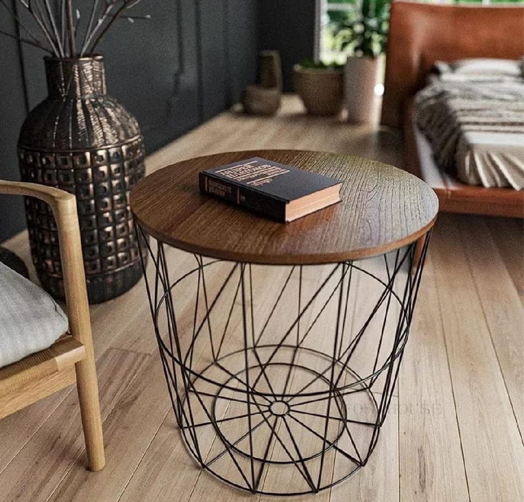 Metal Wire Removalable Wood Top Table Storage Basket