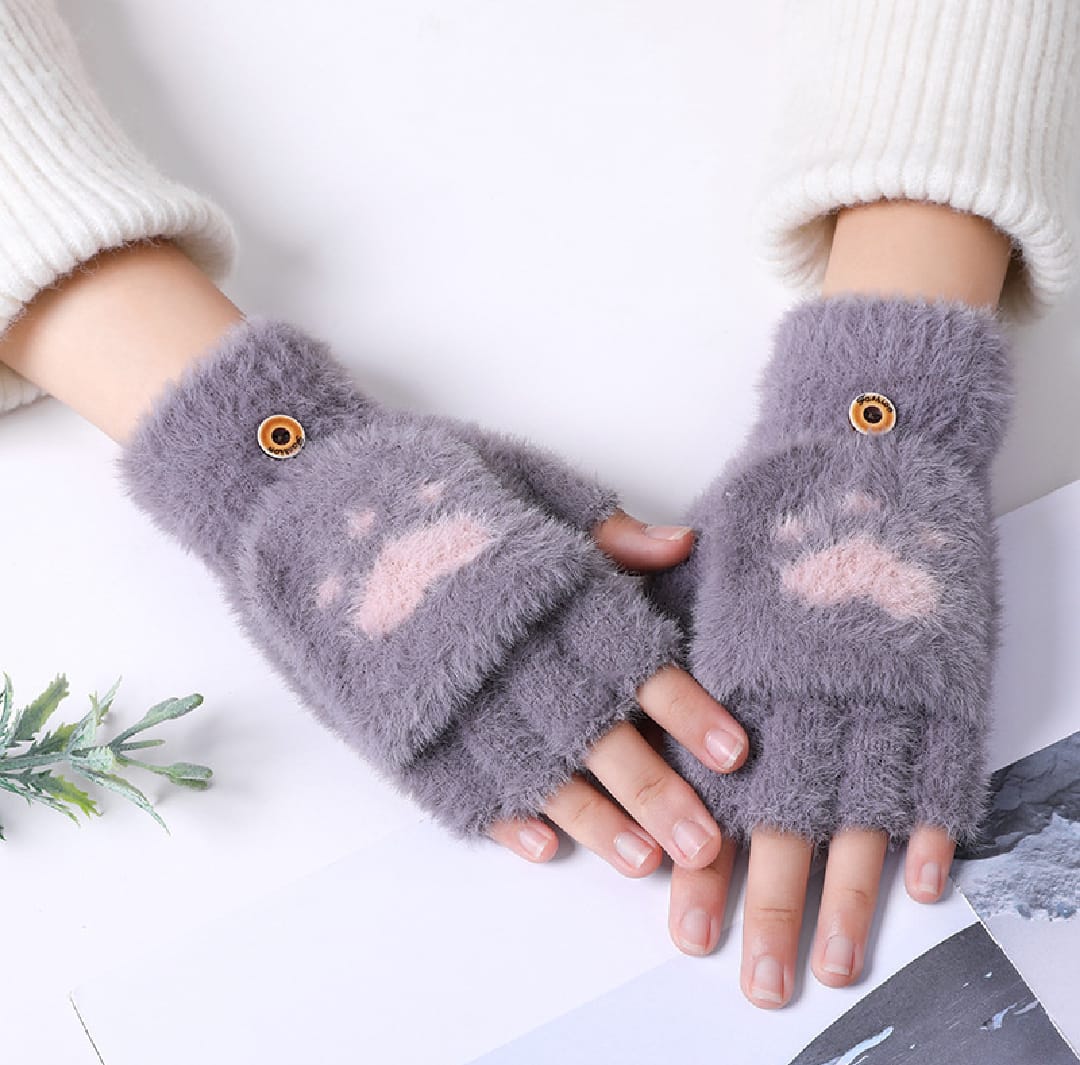 1 Pair Women Lovely Cute Wool Knitted Fluffy Paw Print Plush Fingerless Flip Cover Gloves