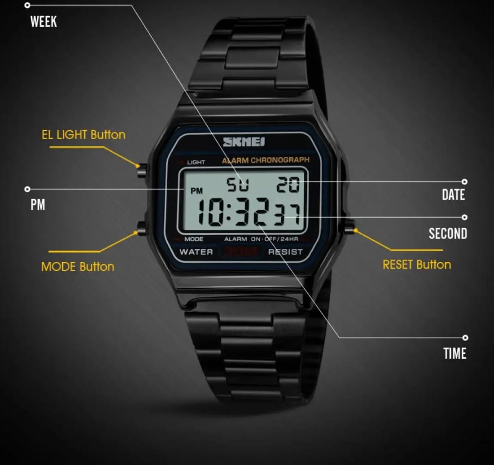 Stainless Steel Backlight Alarm Chrono, Waterproof Digital Watch for Gents & Ladies