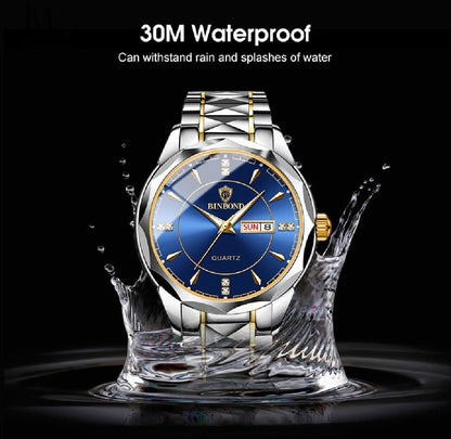 Men's Fashion Watch Double Calendar Watch Diamond Inlaid 30M Waterproof Watch Luminous Quartz Watch Steel Band Watch Luminous Pointer Wrist Watches