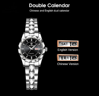 Ladies Fashion Watch Double Calendar Watch Diamond Inlaid 30M Waterproof Watch Luminous Quartz Watch Steel Band Watch Luminous Pointer Wrist Watches