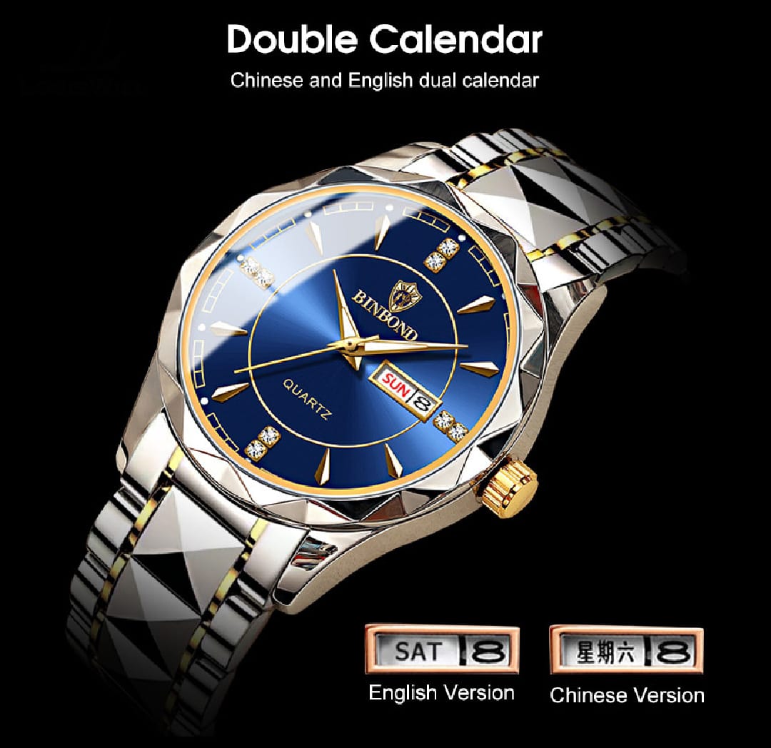 Men's Fashion Watch Double Calendar Watch Diamond Inlaid 30M Waterproof Watch Luminous Quartz Watch Steel Band Watch Luminous Pointer Wrist Watches