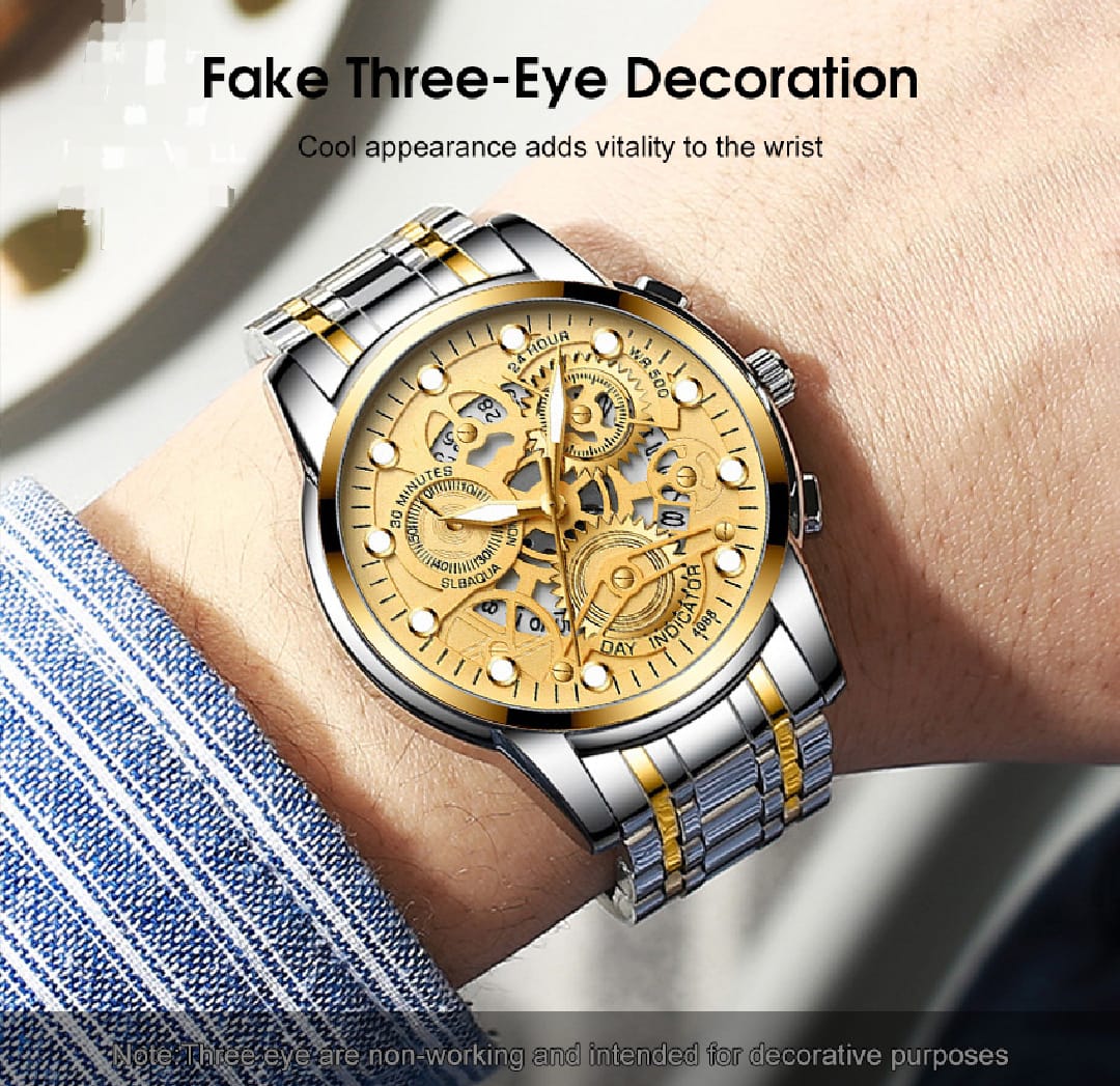 Fashion Watch Quartz Calendar Watch Steel Band Watch Luminous Pointer Wrist Watches for Men | Fake 3 Eyes for Decoration