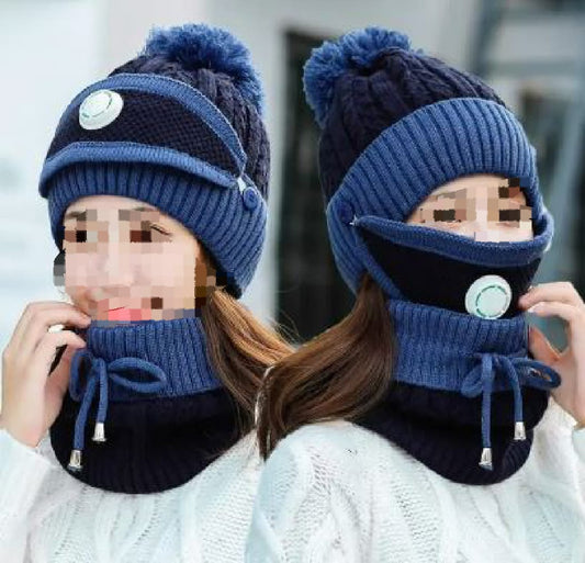 Girls Winter Knitted Beanie Cap Warm Face Cover Neck Scarf Outdoor Set